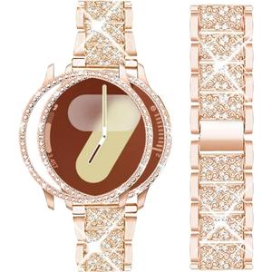 Mosonio Compatible with Samsung Galaxy Watch 8/7/6 Bands 40mm/44mm, 20mm Bling Metal Bands with Bling Protective Cover Case for Women, Shiny Watch Replacement Strap for Daily Wear (Rose Gold)