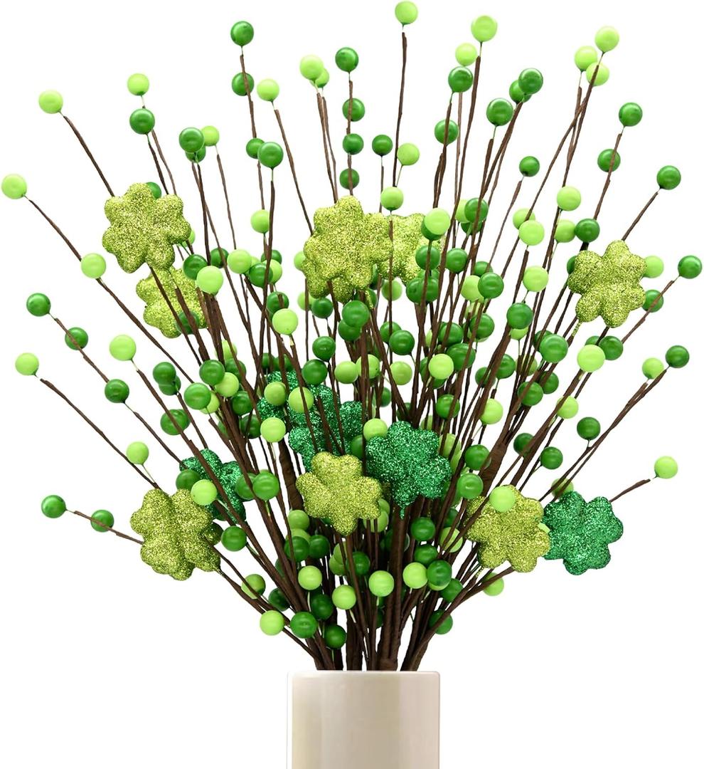 6 Pack Shamrock Berry Stems Decor, 24Inch Artificial Clover Stems for St. Patrick's Day Decorations, Festive Greenery St Patrick Berry Picks for Table Centerpieces and DIY Irish Holiday Crafts