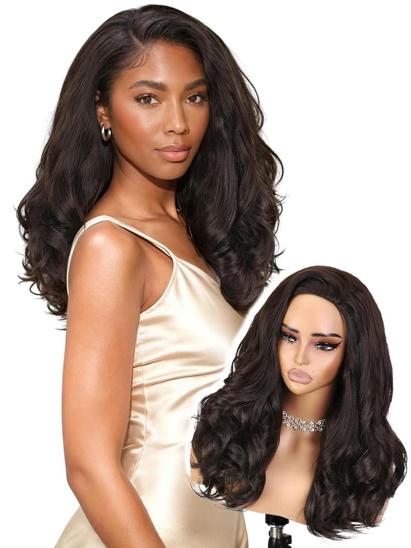 Yaki Curly Half Wig Body Wave Glueless Wigs 3 In 1 Seamless Kinky Half Wigs for Black Women Dark Brown Synthetic Headband Wig with Curly Ends 18 Inch