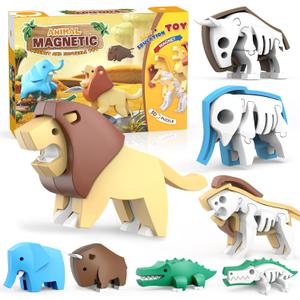 Magnetic Animal Building Toys, STEM Toddler Learning Toys 3D Puzzle Animals for Boys Girls, Educational Magnetic Travel Montessori Toy Lion Elephant Crocodile, Unique Birthday Gift for Kids 3 4 5 6 7