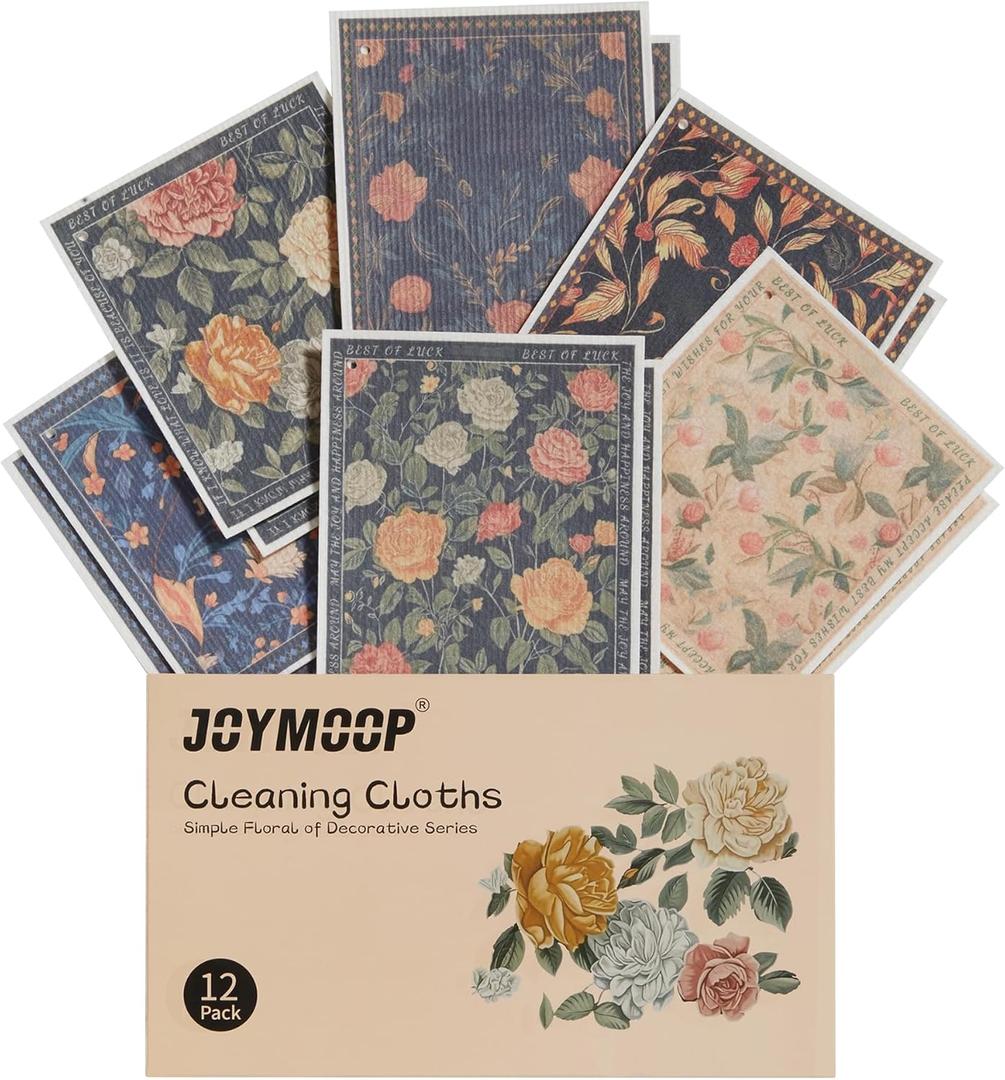 JOYMOOP 12 Pack Decorate Cleaning Cloth (Simple Floral of Decorative Series), Reusable Absorbent Dish Towels, Non-Scratch Washable Rags for Cookware, Kitchen and Household Cleaning - 6.77.9 inch