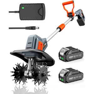 Cordless Tiller Cultivator for Gardening, 360 RPM Electric Garden Rototiller with 48 Steel Tines, 9 Inch Tilling Width & 7 Inch Depth, 21V Battery Powered Small Tiller for Soil/Cultivating/Lawn/Garden