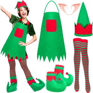 5 Pcs Christmas Elf Costume Kits Include Elf Apron Elf Shoes with Jingle Bells Santa Elf Hat Long Striped Socks Fairy Pixie Elf Ears for Christmas Party Adults Cosplay Accessories Xmas Party Gifts