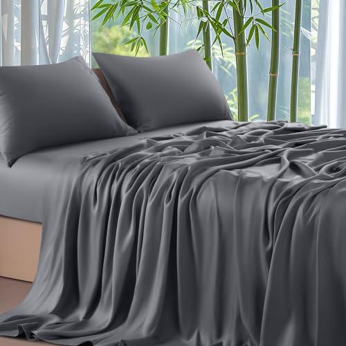 Shilucheng 100% Viscose Derived from Bamboo_ Sheets Queen Size 4Pcs - Ultra Cooling & Silky Soft Bed Sheets, 16" Deep Pocket, Perfect for Hot Sleepers, Hotel Bedding Sheets (Dark Grey)