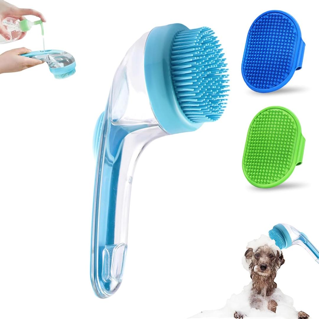 3Pcs Pet Bath Brush,Dog Scrubber for Bath,2 in 1 Dog Bath Brush, Dog Scrubber with Built-in Shampoo Dispenser,Grooming Massage Brush for Long Short Haired Dogs Cats Shower Supplies Set