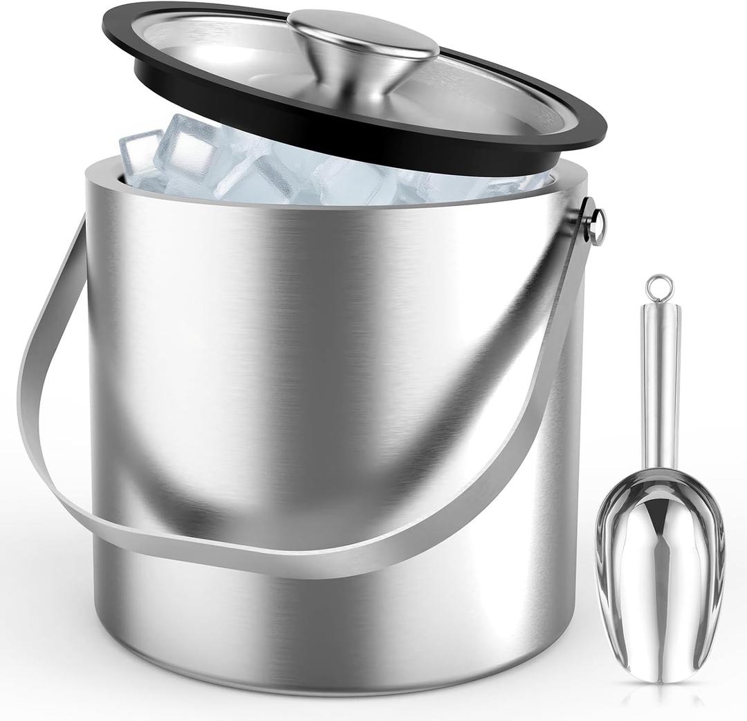 3L Stainless Steel Ice Bucket, Double Wall Insulated Ice Bucket with Lid, Drain Plate, Scoop, Tong for Parties Cocktail Bar