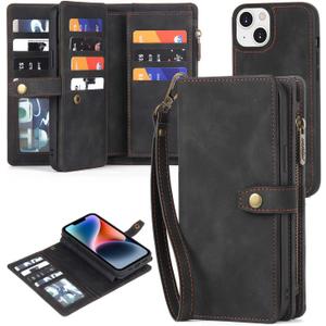 TwoHead for iPhone 13 Wallet Case with Card Holder, Detachable Magnetic Phone Case with Wallet PU Leather Wallet Phone Case for iPhone 13 Case Wallet for Women/Men with Wrist Strap (Black)