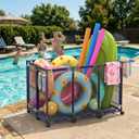 ALIMORDEN Pool Storage Bin with Wheels, Extra Large Pool Toy Organizer with Handles, Mesh Rolling Pool Float Storage for Outdoor, Holds Noodles Floats Towels, Heavy Duty Metal Frame for Patio, Blue, 187Gal
