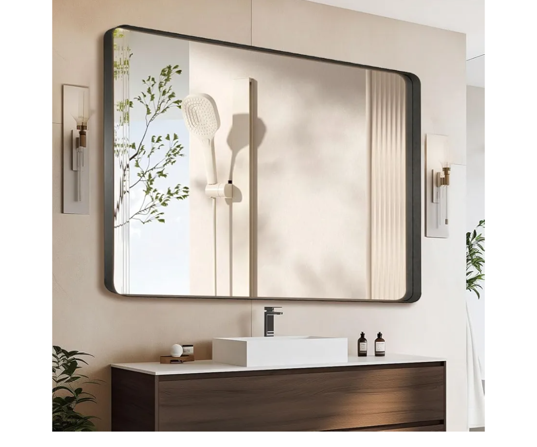 Black 55x36 Inch Metal Framed Mirror for Wall, Large Rounded Rectangle Mirror, Anti-Rust, Tempered Glass, Hangs Horizontally or Vertically