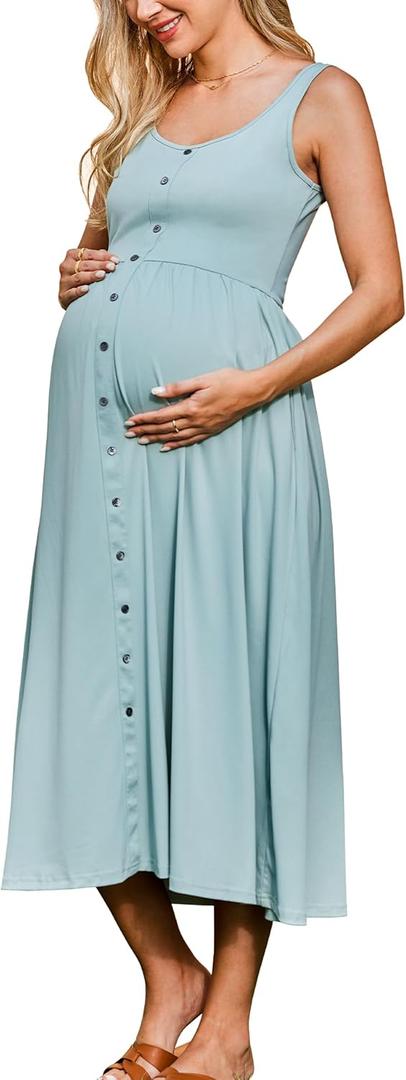 OUGES Womens Maternity Dress Scoop Neck Casual Sleeveless Button Down Pregnancy Clothes Midi Sundress with Pockets 2025 (XX-Large, Gray Green)