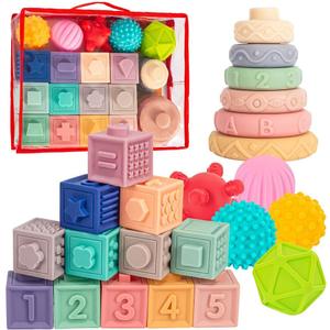 SpringFlower 3 in 1 Montessori Toys for Babies 0-3-6-12 Months, Soft Baby Teething, Stacking Building Blocks for Infants, Sensory Developmental Education Toys for Toddler Baby 12-18 Months,23 PCS