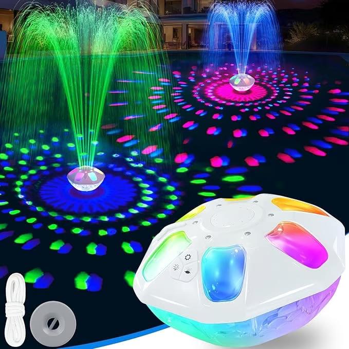 PoolPop 9000mAh Pool Fountain with Remote,Floating Pool Fountain with Light,2 in 1 Rechargeable Pool Water Fountain Anchor,2 Spray Mode Swimming Pool Fountain Pump for Inground Above Ground Pool-White