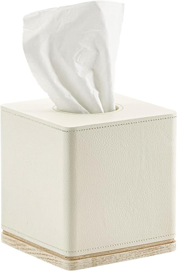 Tissue Box Cover Square Resin Tissue Holder for Home Decor,Hand Carved Beige Leather Cube Tissue Box Holder  5.5 Inch Heavy Duty Luxury Tissue Box Case for Bathroom, Living Room, Office