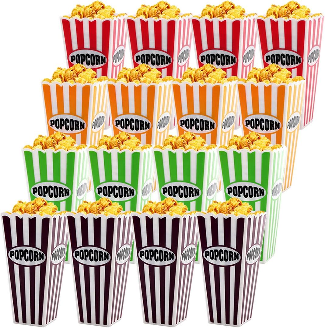 Jucoan 16 Pack Plastic Popcorn Containers, Retro Striped Reusable Popcorn Box Tub for Movie Night, Party, 7.5 x 3.5 Inch