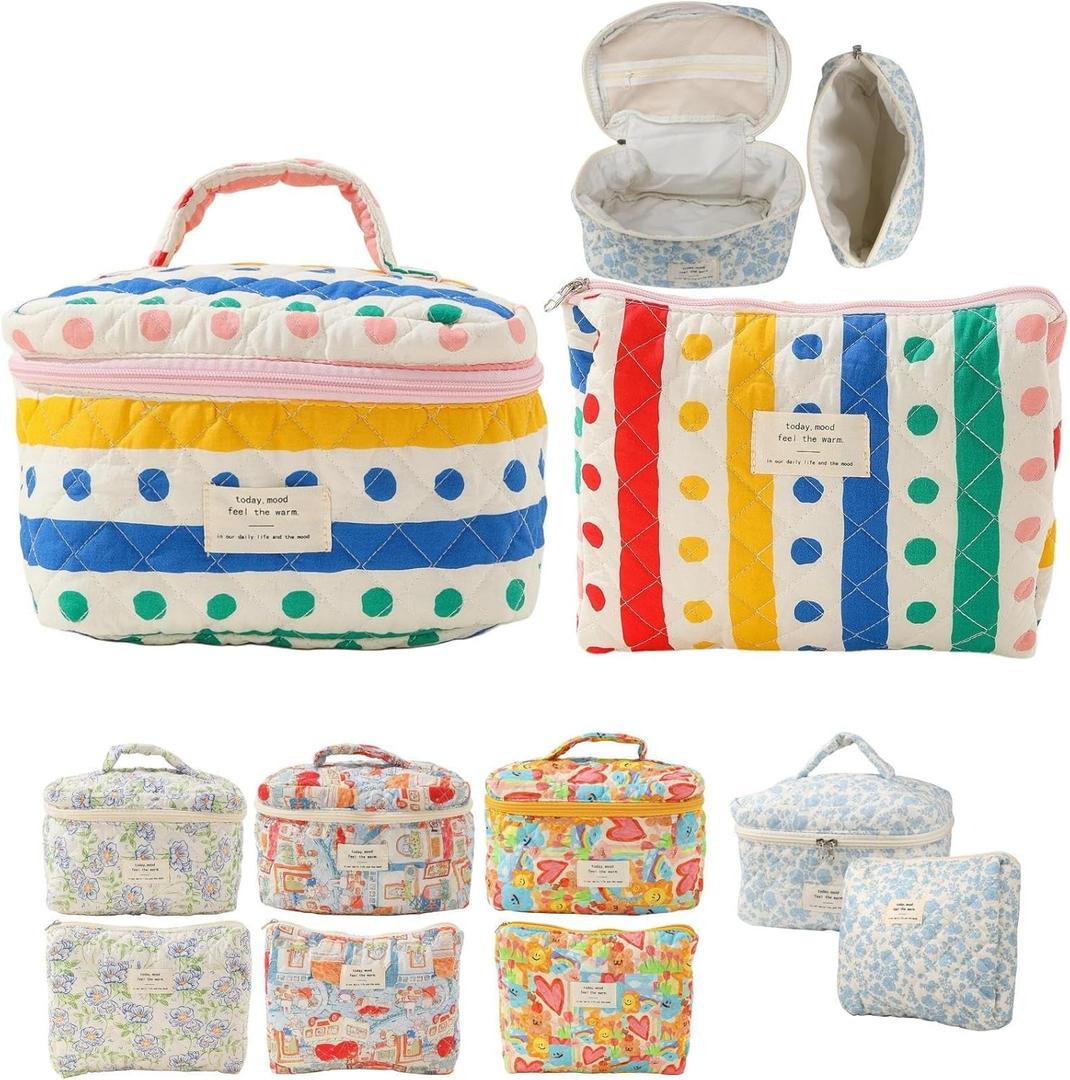 Fcteap Makeup Bag Travel Essentials Quilted Cosmetic Toiletry Pouch Organizer Insert for Women Dorm Room Essential Gift Large Capacity Opening Lightweight Cute Aesthetic Portable 2PCS (Colorful Dots)