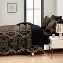 WONGS BEDDING Black Comforter Set Queen Size, Gold Damask Texture 7 Pieces Bed in a Bag Microfiber Comforter Bedding Sets -1 Comforter, 1 Flat Sheet, 1 Fitted Sheet, 2 Pillow Shams, 2 Pillowcases