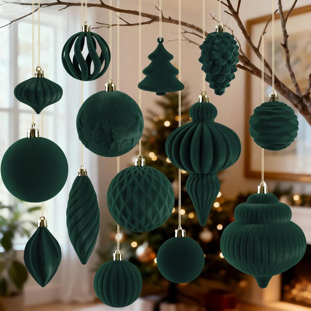 18Pcs Velvet Christmas Tree Ornaments Set, Green Shatterproof Flocked Christmas Decorations Bulk for Tree, Decorative Hanging Ball Ornaments for Xmas Holiday Home Party Decor