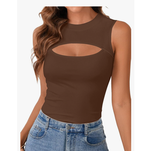 Vrtige Women's Sexy Cut Out Tank Crewneck Ribbed Knit Sleeveless Slim Fit Top Shirt, Size L 