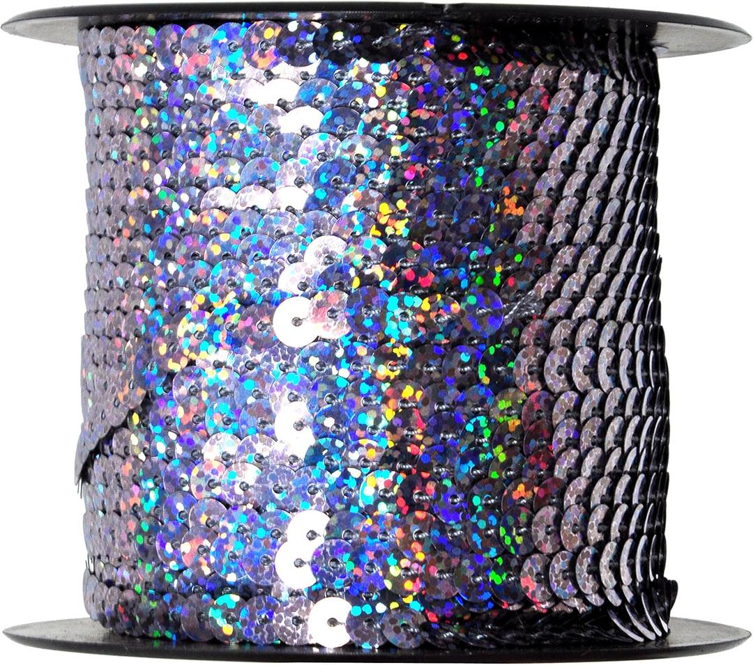 Mandala Craft 6mm Flat Sequin Strip Holographic Pewter Sequins on a Roll - Holographic Pewter Sequin Trim by The Yard - 100 Yds String Metallic Sequin Strand for Crafts Sequin Fringe Sewing (6mm 100 Yards)