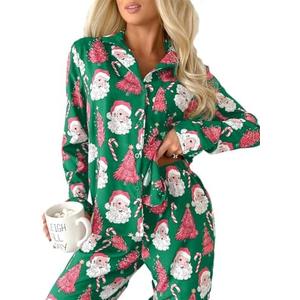 Whrounnk Womens Christmas Santa Pajama Set Long Sleeve Sleepwear Soft Loungewear 2 Piece Button Down Pjs Lounge Set Large