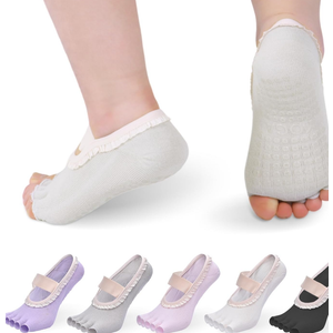 YOZHAKOU Women's Fashion Toe Separator Yoga Socks with Non-Slip Grips, Lace Trim - Breathable & Stretchy for Pilates, Ballet, Pack 2