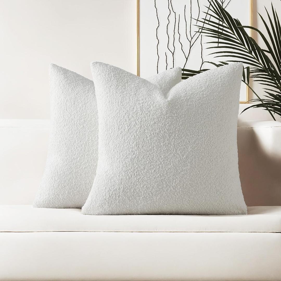 HAUSSY Pack of 2 Pillow Covers 20x20 Inch, Boucle Decorative Throw Pillows Soft Boho Neutral Cushion Covers Home Decor Modern Pillow Cases for Couch Living Room Sofa Bed, White (Covers Only)
