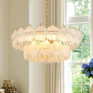 Dia 23.45" Modern Gold Chandelier, Luxury Glass Pendant Light, 6-Light Crystal Pendant Chandelier for Dining Room Foyer Entryway Living Room Kitchen