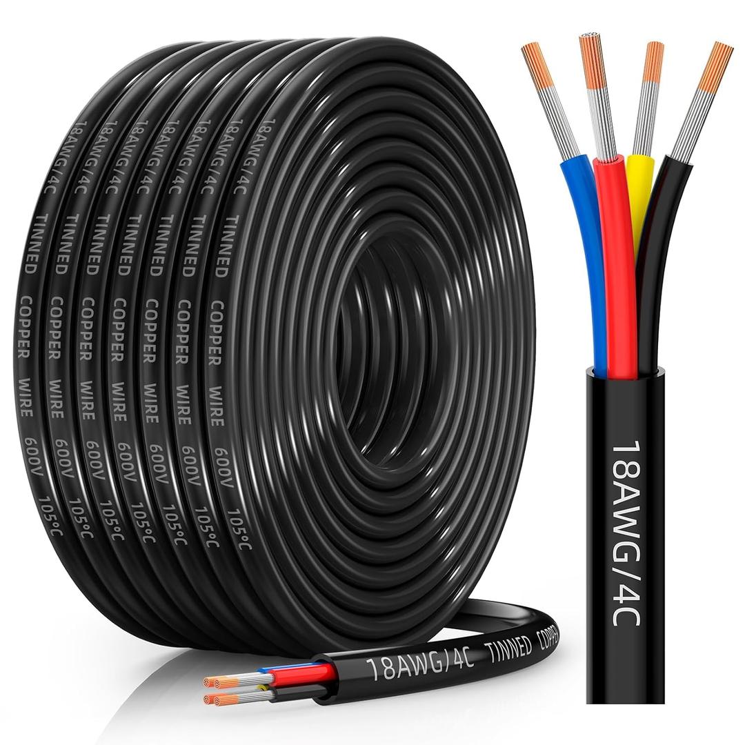 18 Gauge Wire 4 Conductor Electrical Wire, 18 AWG Tinned Copper Stranded PVC Cable, IP68 Waterproof/Flexible/Low Voltage Cord for Automotive, RV, Marine, Solar, LED Lighting(30FT)