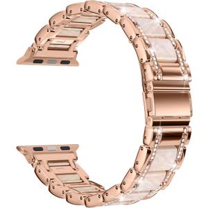 Moolia Metal Band Compatible with Apple Watch Band 38/40/41/42mm Women Rhinestones Resin Wristband Bling Diamond Bracelet for iWatch Series 11 10 9 8 7 6 5 4 3 2 1, Rose Gold/Pearl
