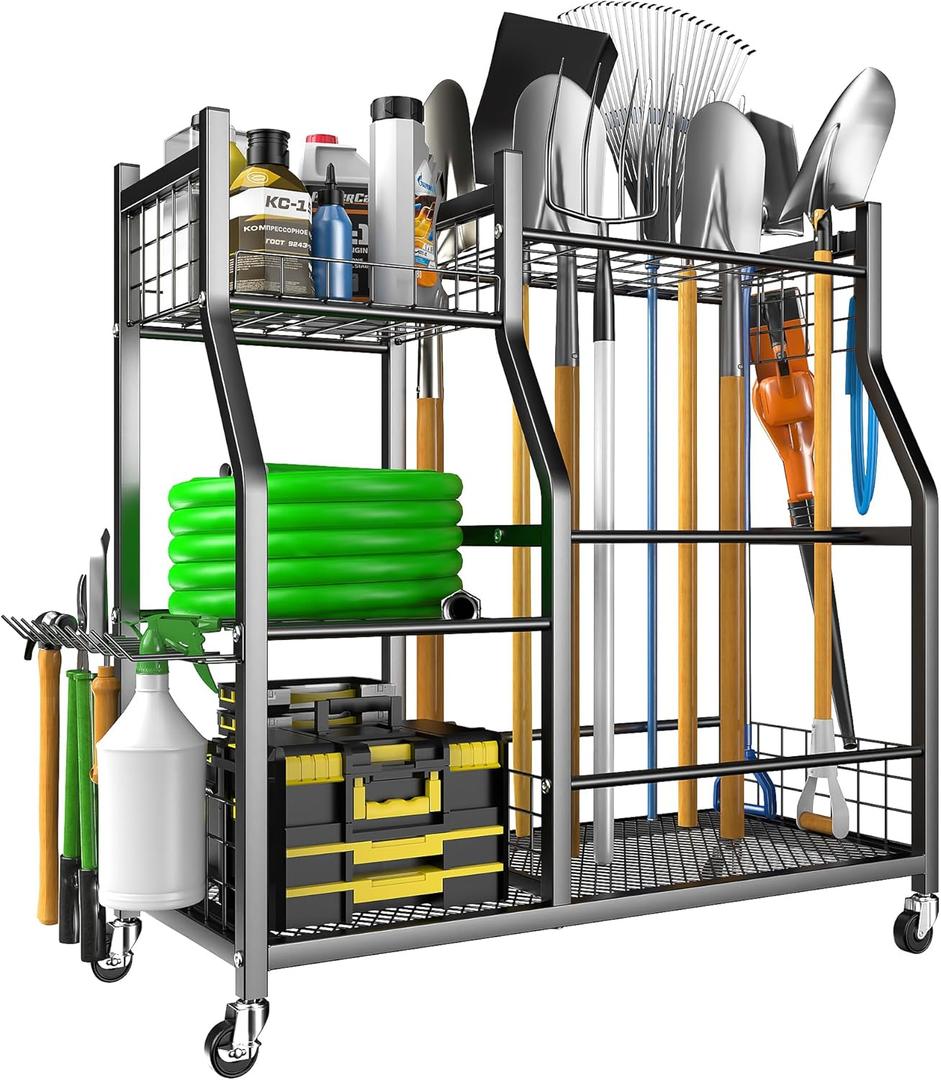 Von Dream Garden Tool Organizer Stand, Garage Tool Storage Organization, Yard Tool Racks with lockable wheels, Fit for Long-Handled Tools/Rakes/Brooms