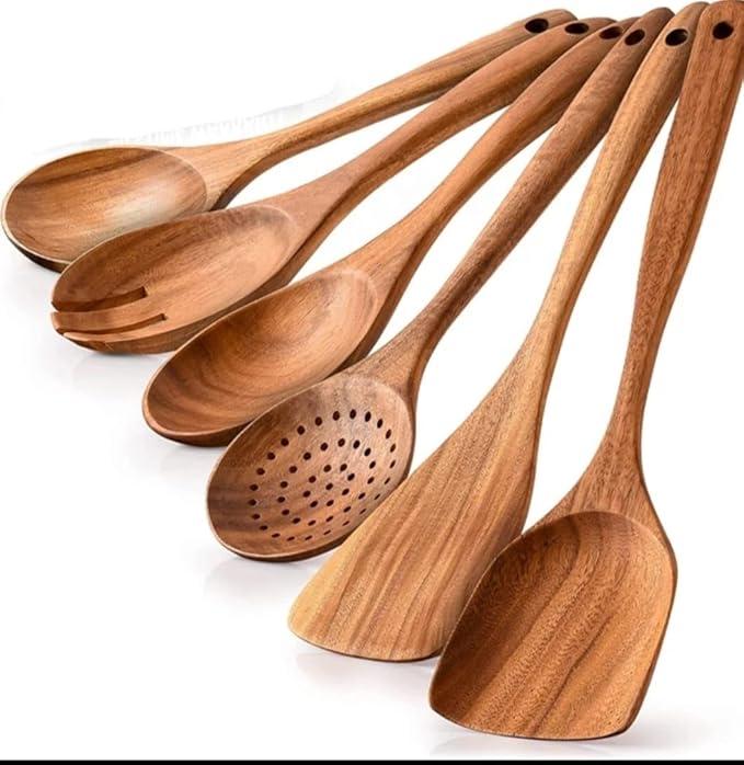 wooden Spoon 7 pics for Cooking - Smooth Finish Teak Woooden utensils for cooking- soft comfort-grip wood spoon for cooking-non-stick wooden cooking utensils- wooden spoon sets