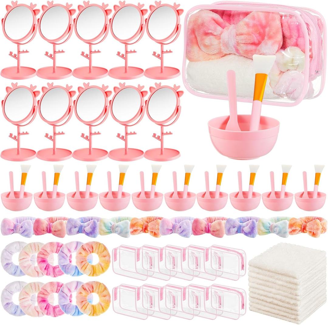 8 Set Spa Sleepover Party Supplies Bulk, Include Face Mask Mixing Bowl Set, Mirror, Headband, Scrunchies, Cosmetic Bags, Face Wash Cloths for Spa Birthday Party (Tie Dye Color)