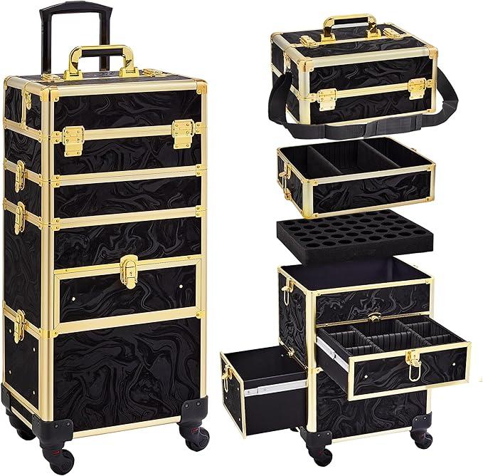 Somduy, Rolling Makeup Case with Drawer, Makeup Train Case, 4 in 1Cosmetology Case on Wheels, Christmas Gift, Large Makeup Organizers, Profesional Cosmetic Case for Salon Barber, Pattern Black Gold