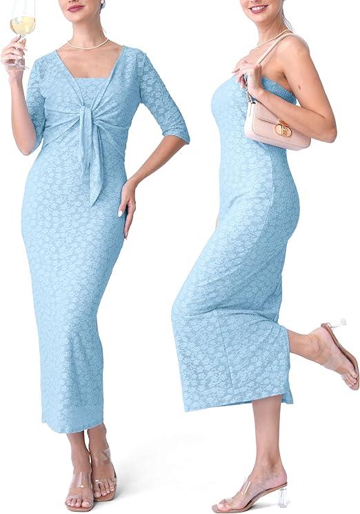 QUNISY 2 PCS Floral Strapless Dress Cardigan Set Long Bodycon Maxi Formal Dresses Boho Wedding Guest Cocktail Outfit Size L