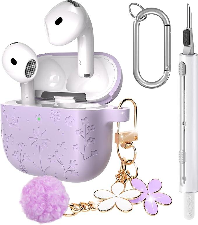 CAISATEQ Compatible with AirPods Pro 3 Case 2025, Cute Floral Engraved Soft Silicone Cover with Rose Pearl Keychain and Cleaning Kit, Shockproof and Dustproof, Pink