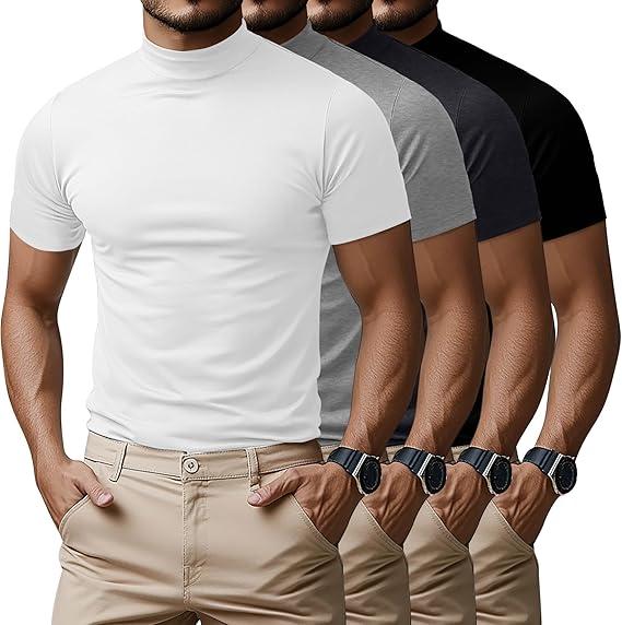 Ficerd 4 Pack Men's Mock Neck T Shirts, Short Sleeve Mock Turtleneck Undershirt Pullover Basic Causal Solid Tee Tops for Men, Size L