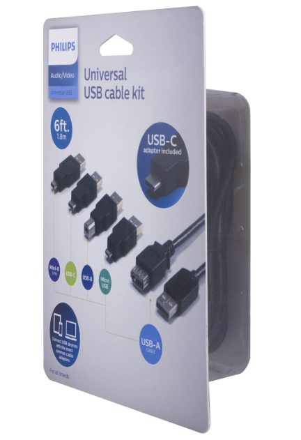 Philips 5-in-1 Universal USB Cable Kit, Includes Adapters for: Mini-B (5 PIN), USB-C, USB-B, Micro USB, and USB-A 2.0 Cable, for Mobile Devices, Laptops, Printers, Scanners, Cameras, SWU8002N/27