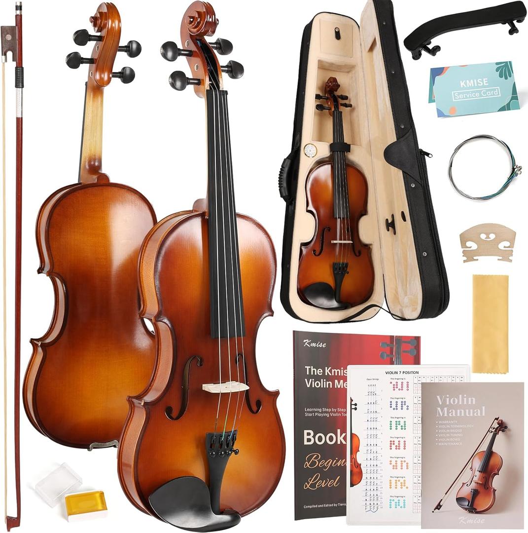 Kmise Violin 4/4 Full Set, High Density Ebony Violins, Glossy Acoustic Fiddle for Adults, Beginners, Students with Violin Case, Rosin, Strings, Bow, Shoulder Rest, Beginner's Guide (Ebony, 4/4)