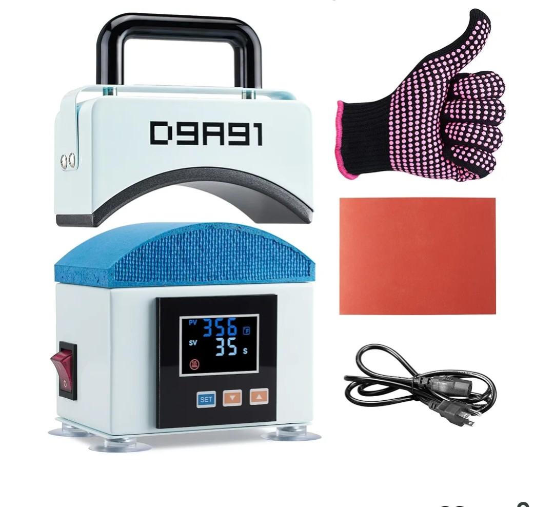 Hat Press, Mini Hat Press Machine. for Caps, T-Shirt & More, Curved Heating Plate and Silicone Base, Heat Up Fast and Even, No Crease, LCD Digital Temperature &Timer Control-Light Blue