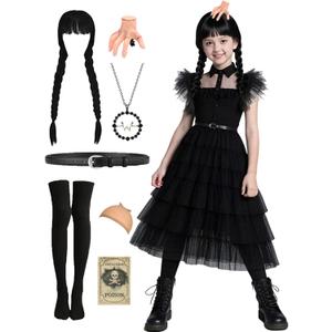 Girls Halloween Costumes Princess Kids Long Black Dress with Wig Accessories Cute Dress Up Birthday Outfits,   110 (3-4 Years)