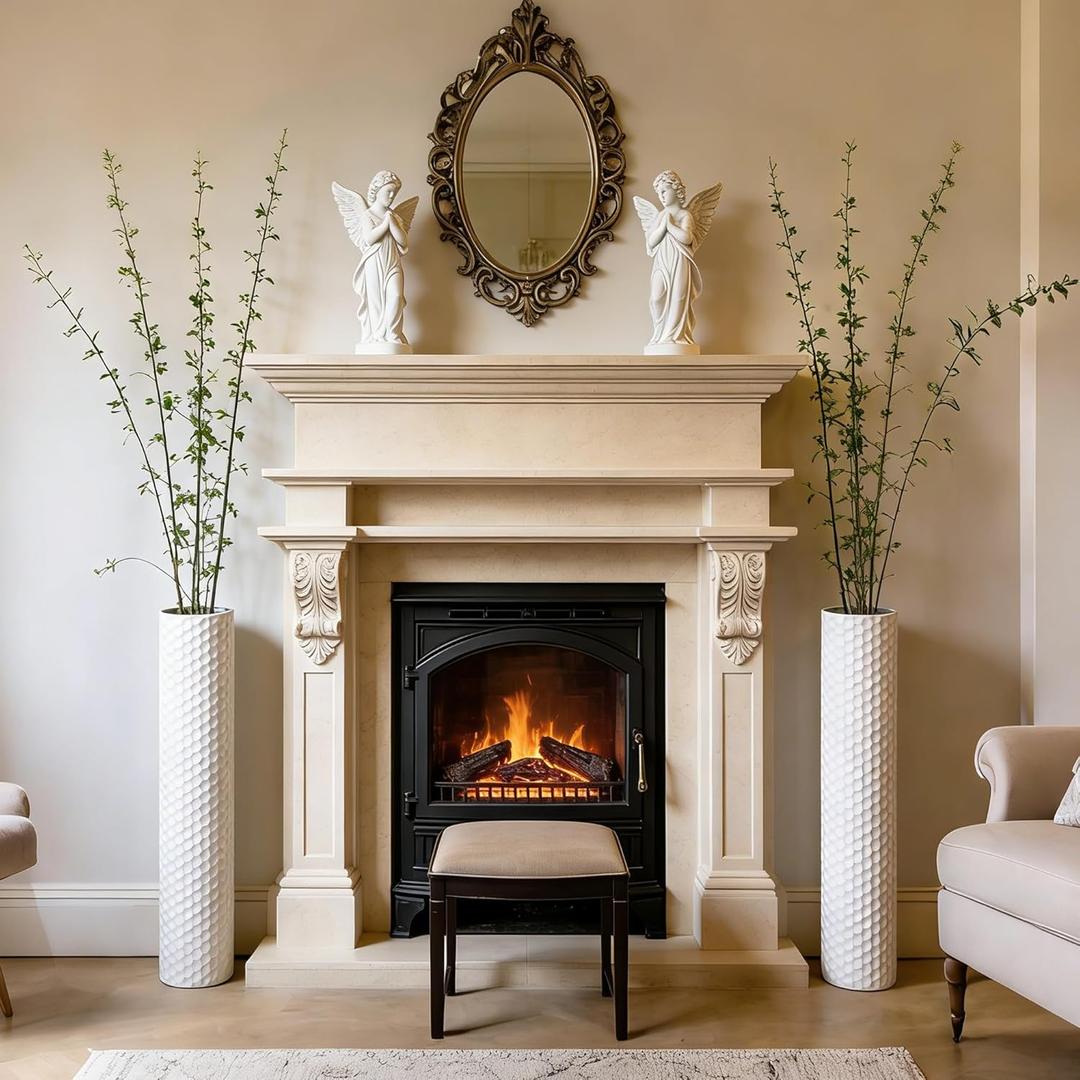 Sziqiqi White Tall Floor Vase: 27.6in Metal Modern Cylinder Floor Vases for Fireplace with Honeycomb Texture - Set of 2 Large Decorative Vase Home Decor for Living Room Bedroom Home Corner Indoor