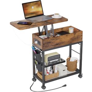 Colima Lift Top End Table with Charging Station and Wheels, Sofa Side Table with USB Port & AC Outlets, Movable Bedside Nightstand with Side Bag for Office Living Room Bedroom(Rustic Wood)