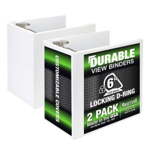 Samsill Durable 6 inch 3 Ring Binder, Made in USA, Locking D Ring FSC 100% Recycled Chipboard, White, 2 Pack