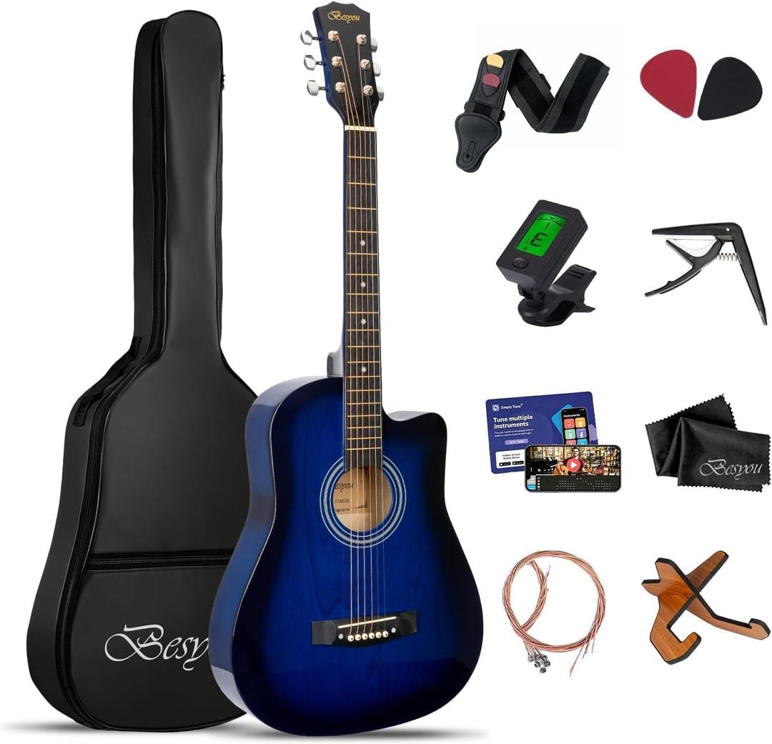 38 inch Blue Acoustic Guitar Beginner Kits 3/4 Cutaway Wood Acustica Guitarra for Beginners Adults with Online Lesson,Gig Bag,Picks,Steel Strings Strap with Picks Holder