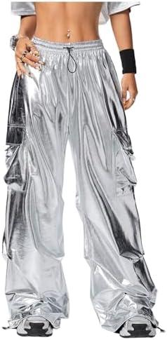 SHENHE Women's Y2k Metallic Cargo Pants Wide Leg Baggy Hip Hop Dance Rave Joggers Trousers XL