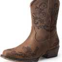 DREAM PAIRS Women's Cowboy Cowgirl Western Ankle Boots,Size 7.5,Tan | Square Toe Fashion Dress for Country Concert Theme Party Low Chunky Heels Fall Short Booties Shoes