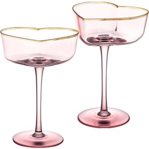 2 Pcs Heart Shaped Coupe Glasses - Martini Glasses with Golden Rim - 8 oz Coupe Glasses Cocktail Glassware Set for Wedding, Mothers Day, Birthdays, Anniversary (Pink)
