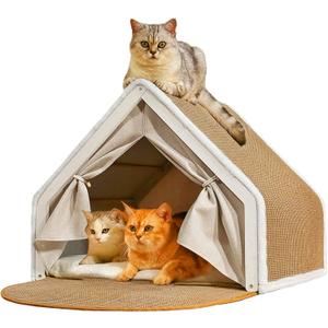 Cat Houses for Indoor Cats - 4 Seasons Cat Bed Cave with Natural Sisal Cat Scratcher Mat, Solid Wood Frame Cat House with Curtains and Cat Floor Scratching Pad Rug, Protect Couch and Carpets S