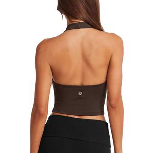 SUUKSESS Women Padded Halter Sports Bra Backless Longline Workout Crop Tank Tops (Brown, L)