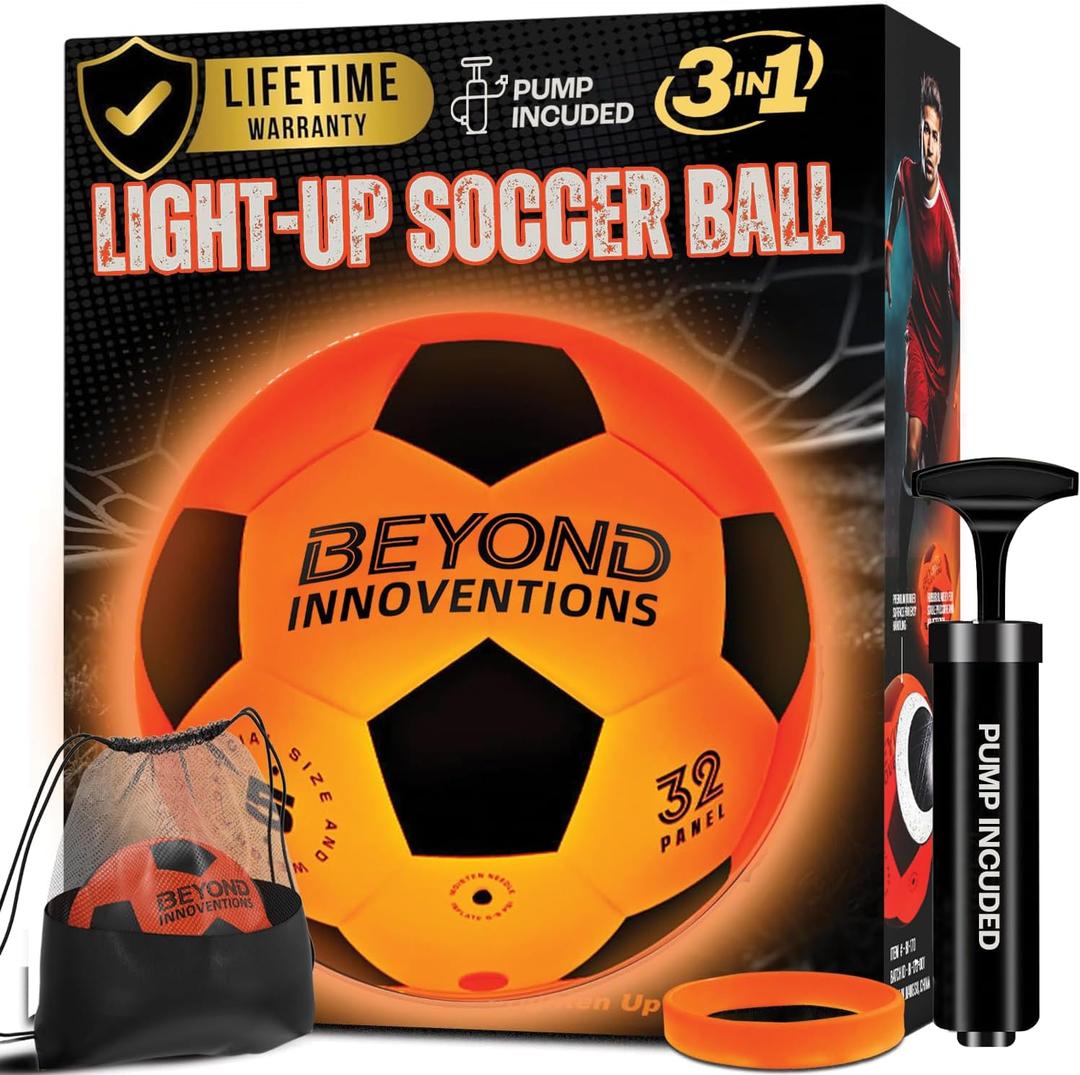 Light Up Soccer Ball - Soccer Gifts for Boys & Girls 8-15+ Year Old- Glow in the Dark Soccer Size 5 | Cool Birthday Gift Ideas for Kids/Teen | Included: Glow Band, Drawstring Bag & Ball Pump